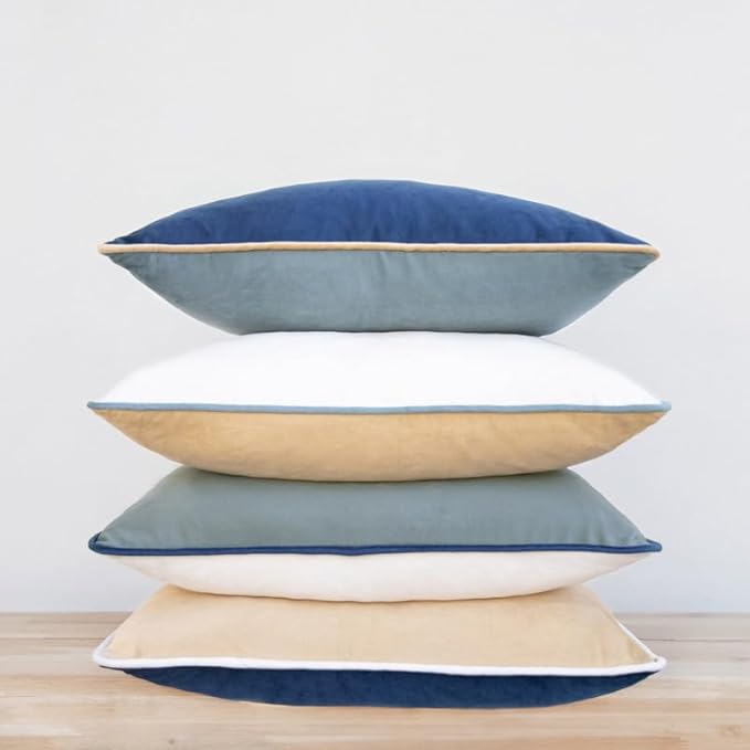 MONDAY MOOSE Decorative Throw Pillow Covers Cushion Cases, Set of 4 Soft Velvet Modern Double-Sided Designs, Mix and Match for Home Decor, Pillow Inserts Not Included (22x22 inch, Blue/Beige)