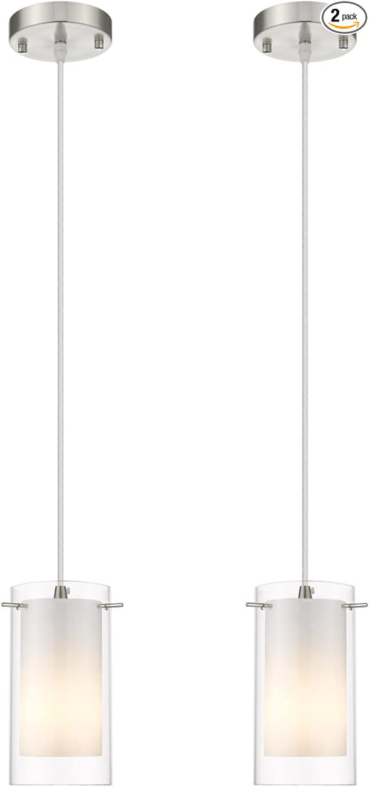 Modern Glass Pendant Light 2 Pack, Adjustable Hanging Pendant Lighting Kitchen Lights Island Dining Room Bathroom Bar, Brushed Nickel Finish