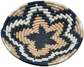 Handwoven African Basket Handmade sisal Fruit Bowl Wall Hanging decorative Baskets for Home Living Room Kitchen Centerpiece Zen Designs Arts and Crafts (Navy Blue Tan White, 8in diameter)