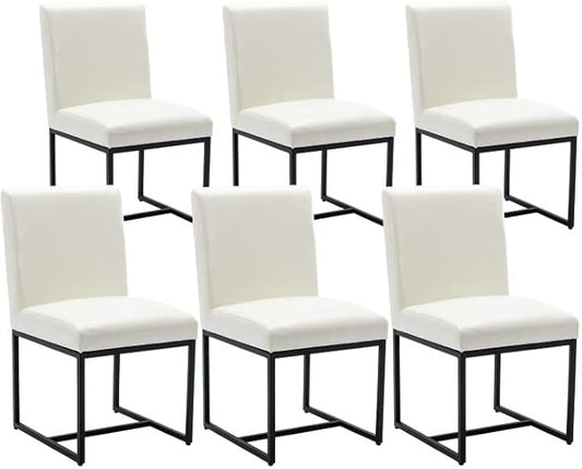 VESCASA Faux Leather Upholstered Dining Chairs with Black Metal Frame, Mid Century Modern Padded Kitchen Chair with Adjustable Foot Pads for Restaurant, Dining Room, Set of 6, White