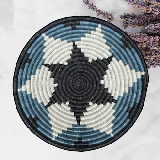 Handwoven African Basket Handmade sisal Fruit Bowl Wall Hanging decorative Baskets for Home Living Room Kitchen Centerpiece Zen Designs Arts and Crafts (Charcoal Blue White, 12in diameter)