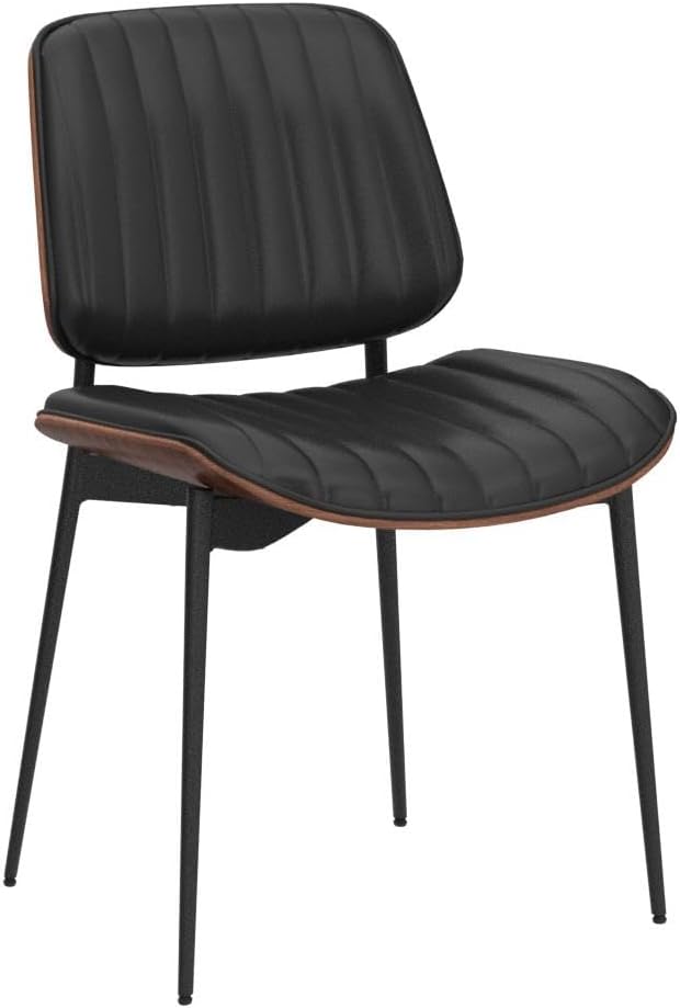 LUNLING Dining Chairs Set of 2 Mid Century Modern Retro Faux Leather Chair with Walnut Bentwood Upholstered Seat Metal Legs Chairs,Adjustable Foot for Kitchen Dining Room Chairs(Black)