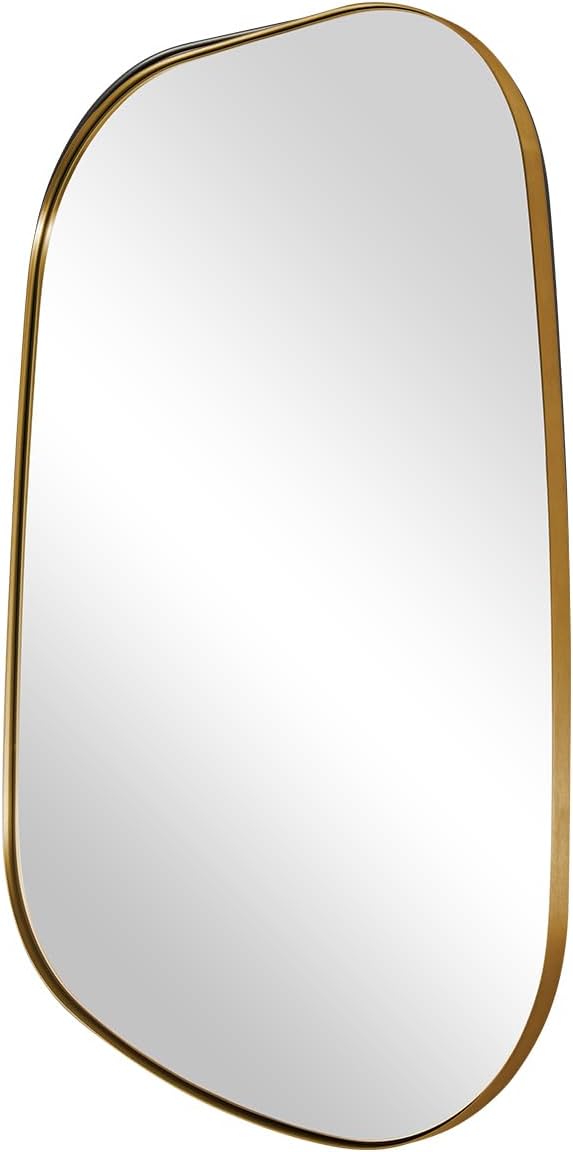 ANDY STAR Gold Bathroom Mirror, 24"x32" Brushed Brass Asymmetrical Wall Mirror in Stainless Steel Metal Frame, Unique Vanity Mirror with Modern Curved Design, Ideal for Bathroom, Bedroom, Entryway