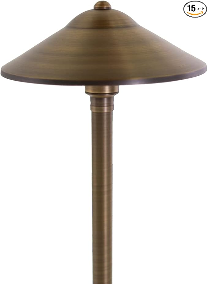 VOLT 15-Pack 12V Cast Brass Max Spread Path Lights (9" Shade, 25" Tall) for Low Voltage Landscape Lighting on Outdoor Pathway, Walkway, Garden, Driveway or Patio