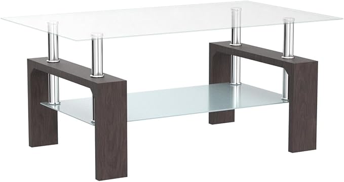 Btrpily Walnut Rectangular Coffee Table, 39.5in x 23.5in x 17.5in, Glass Tabletop with Lower Shelf, Adjustable Bottom Corners