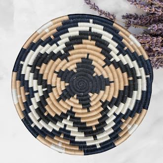 Handwoven African Basket Handmade sisal Fruit Bowl Wall Hanging decorative Baskets for Home Living Room Kitchen Centerpiece Zen Designs Arts and Crafts (Navy Blue Tan White, 8in diameter)