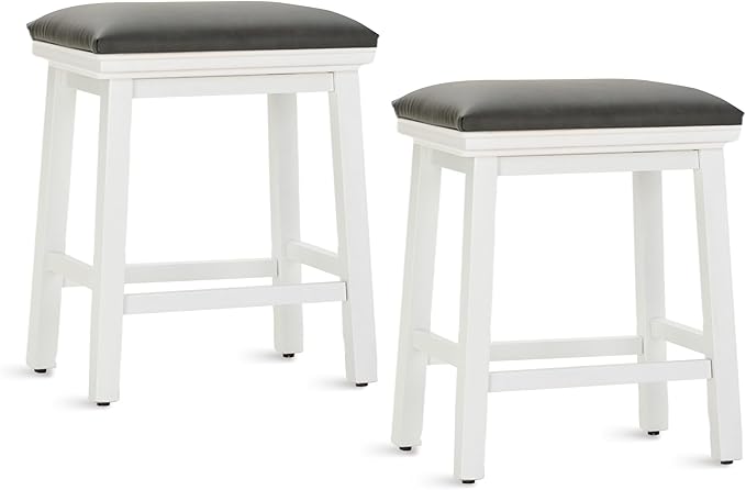 MAISON ARTS Counter Height 24 inch Bar Stools Set of 2 for Kitchen Counter Solid Wood Legs with Faux Leather Padded Seat Farmhouse Barstools for 34"-38" Counter Island Upholstered Stools, Black+White