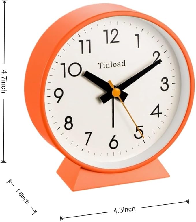 4.5" Battery Operated Antique Retro Analog Alarm Clock, Small Silent Bedside Desk Clock, Lighted on Demand, Battery Operated, Snooze, for Living Room, Bedroom, Bedside, Desk(Orange)