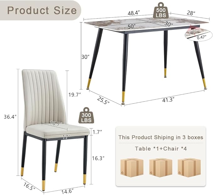 5 Pieces Modern Marble Dining Table Set, 50" Rectangular Sintered Stone Tabletop Kitchen Table with 4 PU Leather Chair Dinner Table Set for Kitchen Dining Room(Marble+4Gray Chairs)