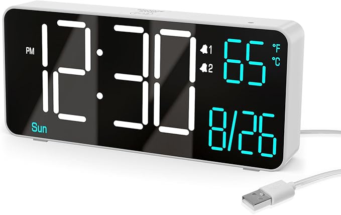 KOSUMOSU Digital Alarm Clock for Bedroom,6.7in Small Digital Clock,Auto Dimming,Date,Day of Week,Seconds or Indoor Temp,LED Alarm Clocks for Living Room,White Desk Clocks for Bedrooms