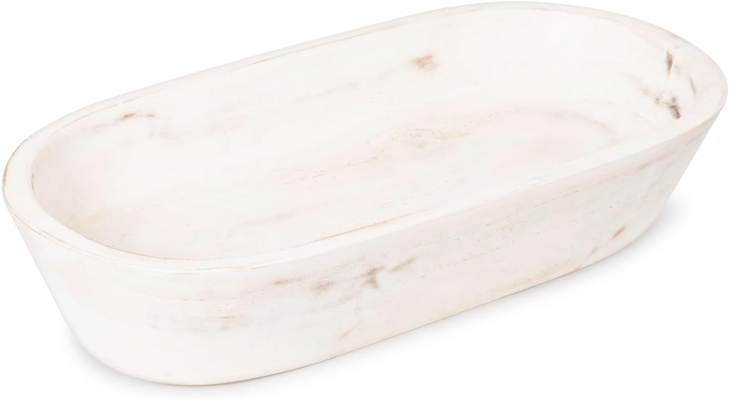 Luxe Designs Wooden Dough Bowl - Rustic White Acacia Wood - Handmade Decorative Bowls for Home Decor, Bathroom, Kitchen Counter, & More - Rustic Large Wood Dough Bowl for Decor, Cosmetics, and Keys