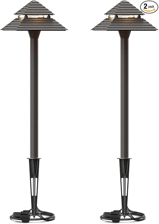 GOODSMANN Landscape Lighting 2PK Low Voltage Landscape 2-Tier Pagoda Path Lights 3W 180 Lumen LED 12V AC Weatherproof for Outdoor Die-Cast Body and Metal Spike with Bronze Finish 9121-21505-02A