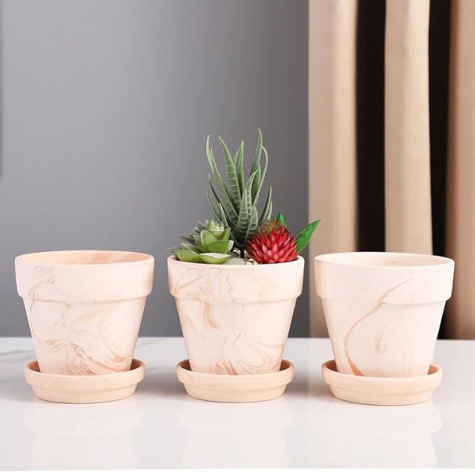 Fcacti 4 Inches Small White Mixed Terracotta Pots with Saucer, 6 Pack 4" Terra Cotta Planter with Drainage Holes,Small Clay Flower Pots for Plants,Succulents,Crafts,Wedding Favor