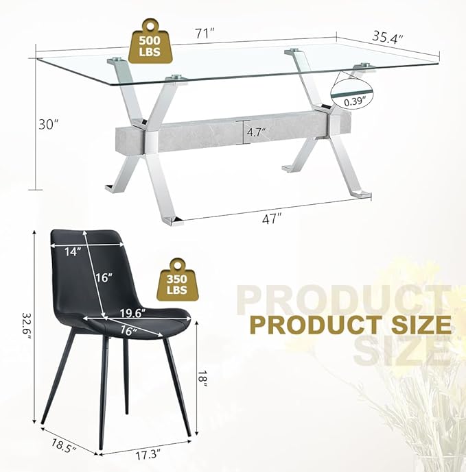 71'' Glass Dining Table Set for 8,9 Piece Dining Table Set with Tempered Glass Tabletop and Open‑Frame X‑Shaped Metal Base,Kitchen Table and Chairs Ideal for Dining Room&Home Office