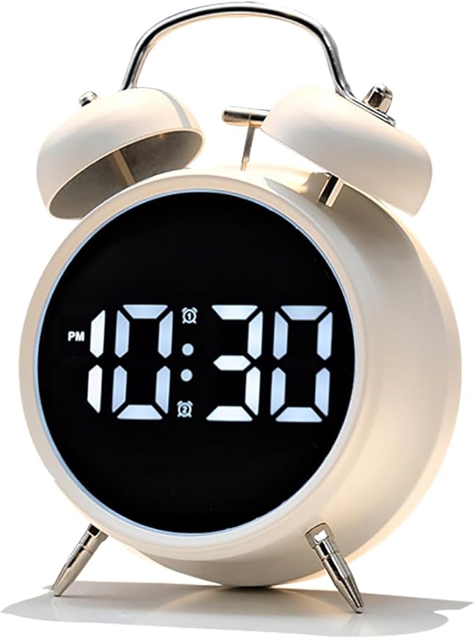 Loud Alarm Clock for Heavy Sleepers Adults, Teens,Kids,Retro Metal Twin Bell 4 Inch,Large Big Numbers Display with Backlight, Small Bedside Digital Clock for Bedrooms (White)