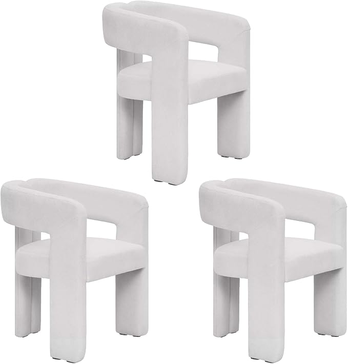 Modern Barrel Dining Chairs Set of 3, Upholstered Linen Dining Room Chair with Wooden Legs, Accent Chairs for Kitchen/Dining Room/Living Room, Grey