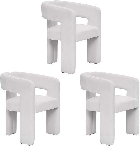 Modern Barrel Dining Chairs Set of 3, Upholstered Linen Dining Room Chair with Wooden Legs, Accent Chairs for Kitchen/Dining Room/Living Room, Grey