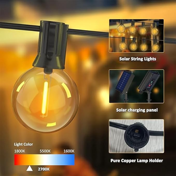 G40 Solar String Lights Outdoor with Remote 100 FT, USB & Solar Dual Charging, Waterproof, 8 Modes 3 Timers, 34+3 LED Globe Shatterproof Bulbs, Dimmable Solar Light for Camping Backyard Porch Garden