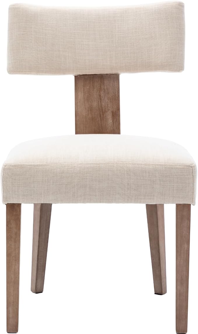 Wooden Dining Table Set of 4, Farmhouse Rectangular Dining Room Table with 4 Upholstered Beige Dining Room Chairs, Natural Frame, Modern Walnut Kitchen Table and Linen Chairs Set for Home