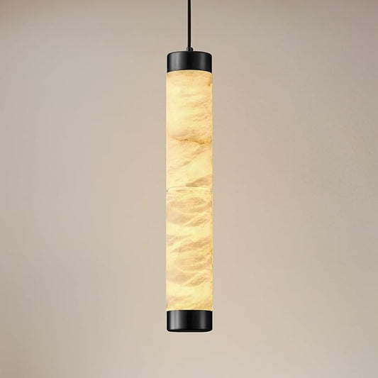 20" Alabaster Pendant Lights, Natural Marble Cylinder Black Pendant Light, Adjustable Modern Ceiling Light Fixtures for Kitchen Island, Dining Room, Bedroom, Living Room, Bathroom