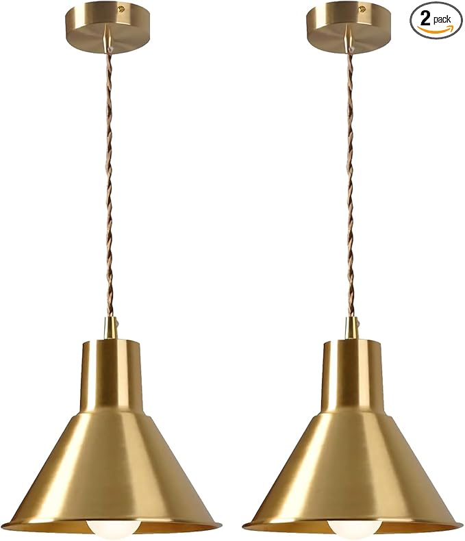 KCO Lighting Gold Cone Pendant Light Mini Barn Pendant Light Fixtures Modern Brass Pendant Lights Kitchen Island Set of 2 Vintage Industrial Ceiling Hanging Light for Dining Room Living Room 2 Pack