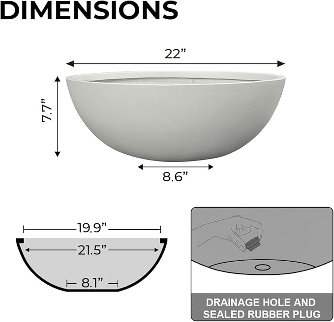 7.7" H x 22" D Round Bowl Fiberstone Planter for Succulent and Lotus, Drainage Hole, Weather Resistant for Indoor and Outdoor Use, Included 2 Extra Coco Mats (Light Gray, 19.9" Pot Opening)