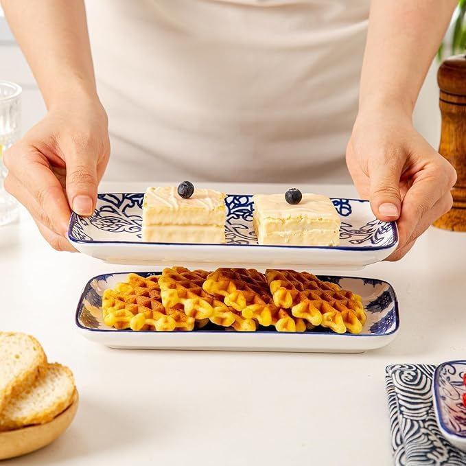 Rectangle Serving Platter Set - 8 Inch Ceramic Dinner Plates Rectangular Serving Trays for Sushi Salad Dessert Pasta Appetizer - Oven Microwave Dishwasher Safe - Set of 6 - Vintage Blue