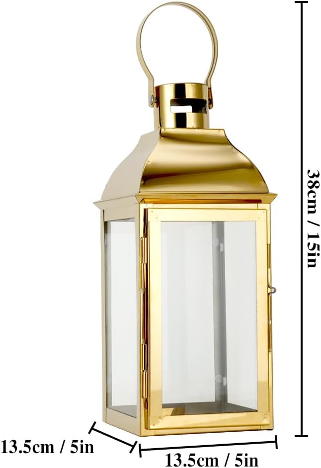 JHY DESIGN 15" H Stainless Steel Decorative Candle Lanterns with Tempered Glass Vintage Elegance for Indoor Outdoor Events Parties and Weddings(Gold)