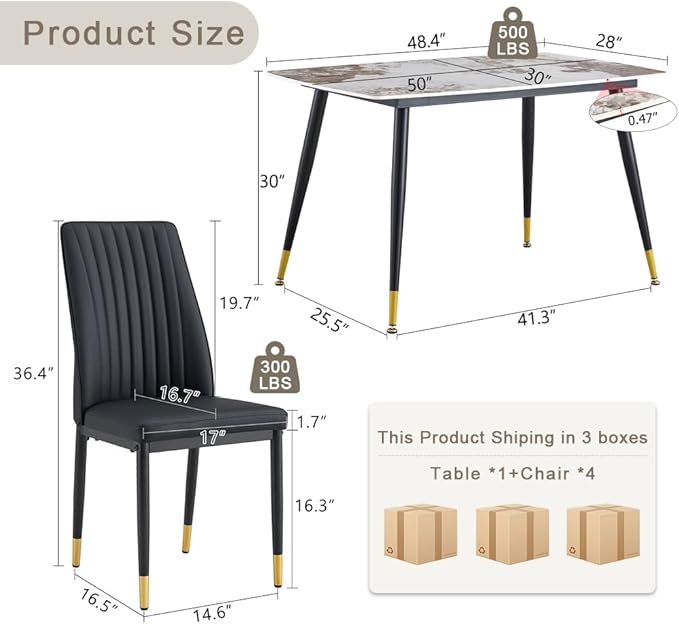 5 Pieces Modern Sintered Stone Dining Table Set 50" Rectangular Faux Marble Tabletop Kitchen Table with 4 PU Leather Chair Dinner Table Set(1Faux Marble Table+4Black Chairs)