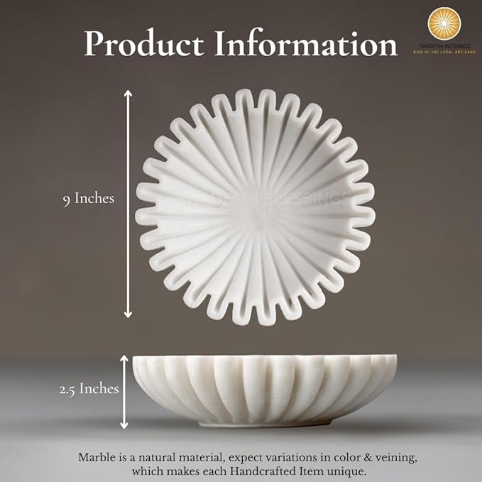 SWADESHI BLESSINGS HandCrafted Marble Ruffle Bowl/Antique Scallop Bowl/Fruit Bowl/Vintage Ring Dish/Decorative Flower Dish/HouseWarming Gift/Wedding Gifts/Urli (9 Inches)