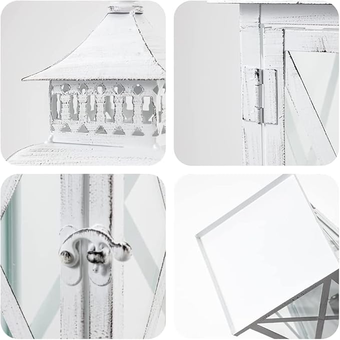 DECORKEY Lantern Decorative Indoor & Outdoor, Large Square Hanging Spring Home Decor, Vintage Metal Decorative Candle Lanterns for Outdoor Patio Wedding Party White with Black Brush