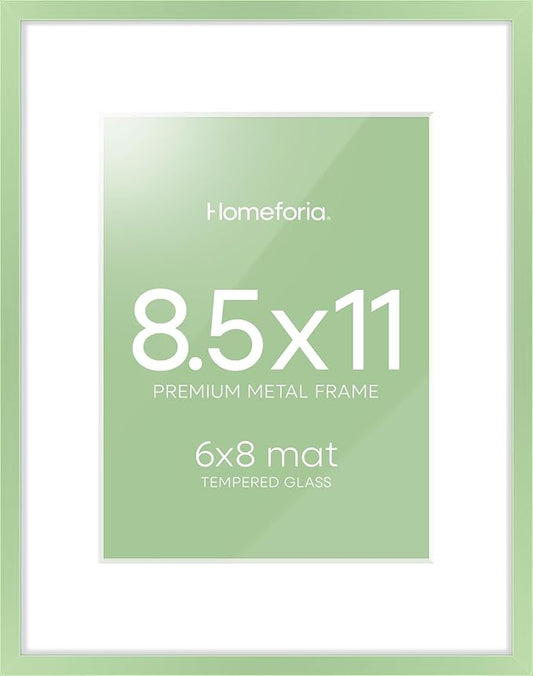 Homeforia 8.5x11 Sage Green Frame, High End Metal 8.5 x 11 Picture Frames with Mat 6 by 8 inch Photo, 11x8.5 Poster Frame Matted to 6x8 Art, Wall or Tabletop Frames, Tempered Glass, Wall Kit, Set of 1