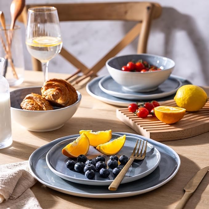 LERATIO Ceramic Dinnerware Sets for 6,Plates and Bowls Sets with Wavy Edge,Microwave & Dishwasher & Oven Safe,Light Weight & Scratch Resistant Dishes Sets-Service for 6 (18pcs)-Light Jean Blue