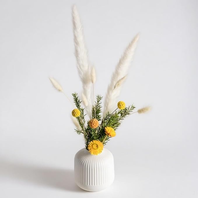 White Ceramic Vase for Flowers, 6 Inch Flower Vases Home Decor, Boho Vases for Pampas Grass,Vase for Centerpieces Living Room Table Entryway Shelf