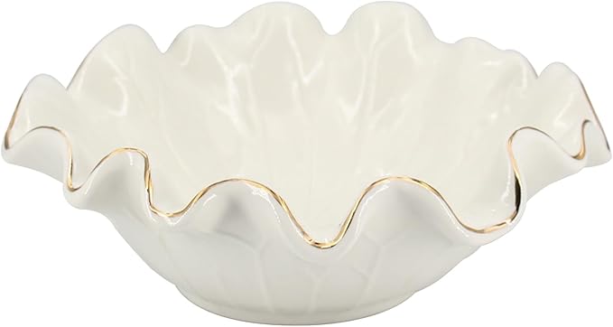 Small White Lotus Ceramic Decorative Bowl,Ruffle Lotus Leaf Decor Bowl with Gold Trim for Coffee Table Counter,Beautifully Catch All Bowl for Keys Coins near Entryways,Capacity about 2 Cups