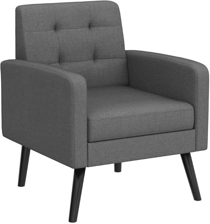 Yaheetech Mid-Century Accent Chairs, Modern Upholstered Living Room Chair, Cozy Armchair Button Tufted Back and Wood Legs for Bedroom/Office/Cafe, Set of 2, Gray