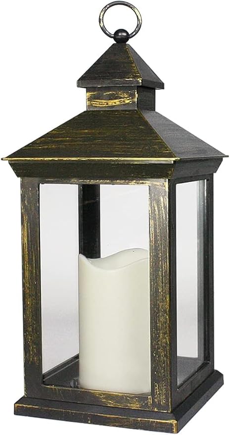 Bright Zeal 14" Tall Vintage Decorative Lantern with LED Pillar Candle (Distressed Gold, Batteries Included) - Outdoor Lights Decorative Hanging - Battery Lantern with Timer - Vintage Candle Light