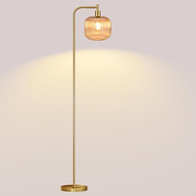 Glass Floor Lamp,67" Modern Standing Lamp with Amber Ribbed Glass Lampshade Metal Pole for Living Room, Bedroom, Office - Heavy Base,Pedal Switch(Include E26 Bulb)