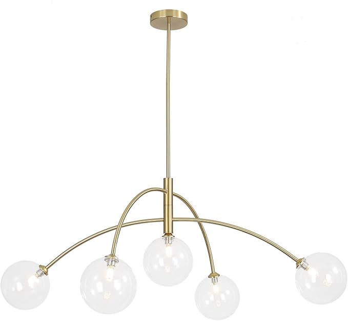 5 Light Modern Brass Chandelier Fixture White Clear Globe Glass Shade Pendant Light Gold Kitchen Ceiling Large Chandelier for Dining Room Kitchen Bedroom