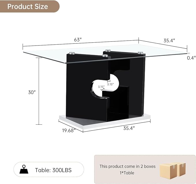63" Glass Dining Table Set for 4, Modern Kitchen Dining Room Table with Tempered Glass Top, Rectangle Clear Table for Kitchen, Dining Room