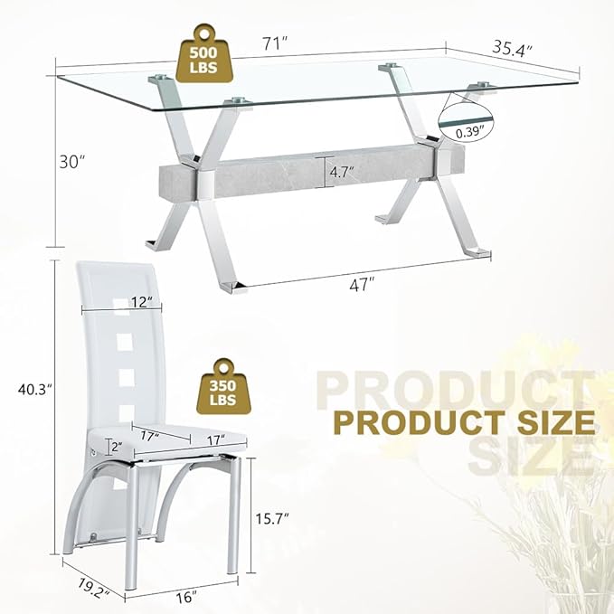 71'' Glass Dining Table Set for 8,9 Piece Dining Table Set with Tempered Glass Tabletop and Open‑Frame X‑Shaped Metal Base,Kitchen Table and Chairs Ideal for Dining Room&Home Office