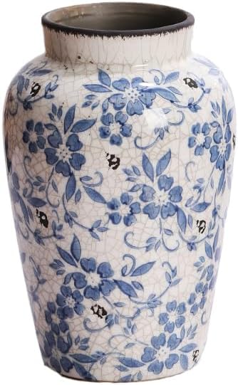 Denique Vintage Blue and White Porcelain Vase Ceramic Vase for Home Decor, Retro Crack Blue Flower Vase Pottery Vase Chinoiserie Decor Rustic (6.3x9.8inch)