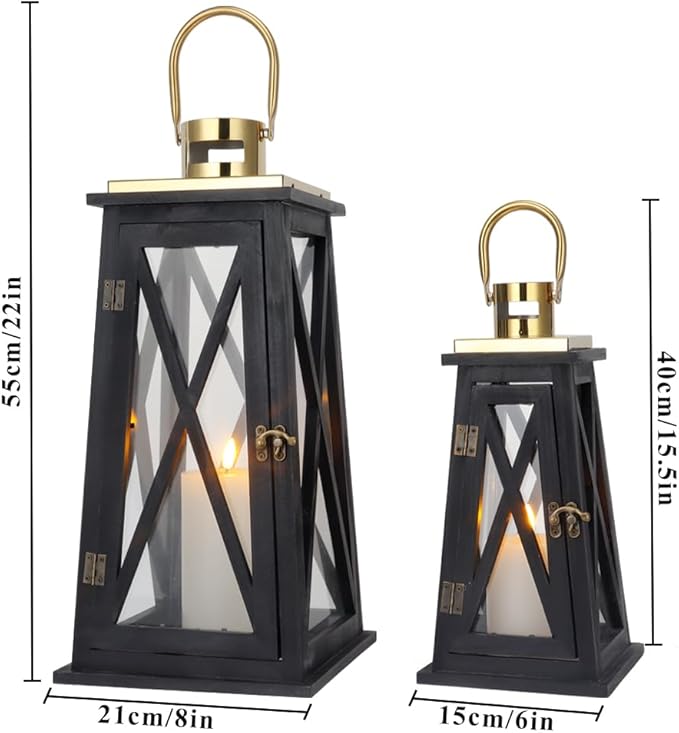 TRIROCKS Set of 2 Farmhouse Wooden Lantern 12''&18'' Metal Decorative Candle Holders with Tempered Glass Rustic Outdoor Lantern for Home Christmas Patio Wedding Parties Indoor Outdoor(Black Trapezoid)