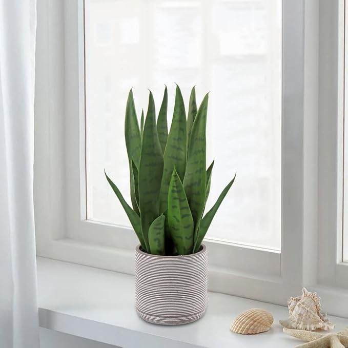 Briful Fake Snake Plant 16" Faux Potted Plant Artificial Snake Plant with Cement Pot Sansevieria Plant Perfect for House Modern Living Room Office Housewarming Gift Indoor Decor