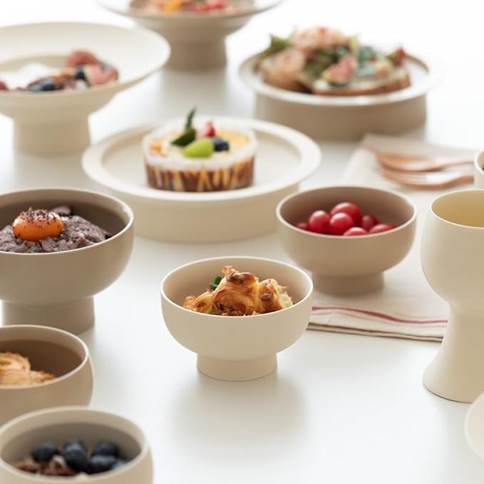 High-foot Fruit Bowl, Ceramic Pedestal Decorative Bowl, Round Bowl for Salad, H2.55" × W4.5" Small Size, 8.4oz, Coconut Café