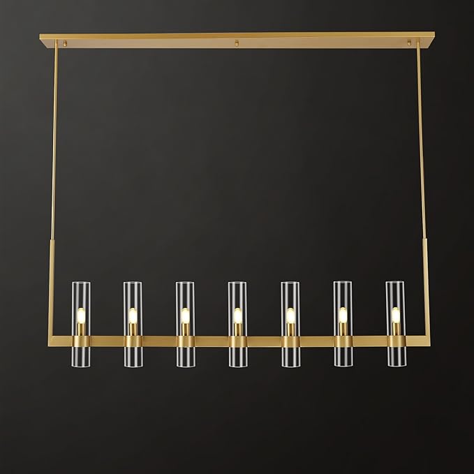 Modern Gold Linear Chandelier 59 in,Chandeliers for Dining Room 7 Light, Kitchen Island Lighting Fixture, Adjustable Chandelier over Dining Table, Gold Glass Chandelier Light Fixture, Includes Bulbs