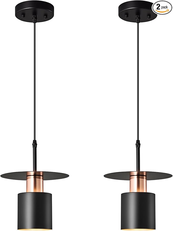 Black Pendant Light Fixture,Modern Hanging Lamp Adjustable Height, Industrial Ceiling Pendant Lighting for Kitchen Island Living Room, Bedroom, Hallway, Bar, Cafes(2-Pack)