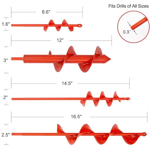 Auger Drill Bit for Planting Set of 4, Garden Ground Earth Spiral Drill Bit for 3/8" Hex Drive Drill, for Post Hole Digger Bulb Bedding Digging Plant Rapid Planter
