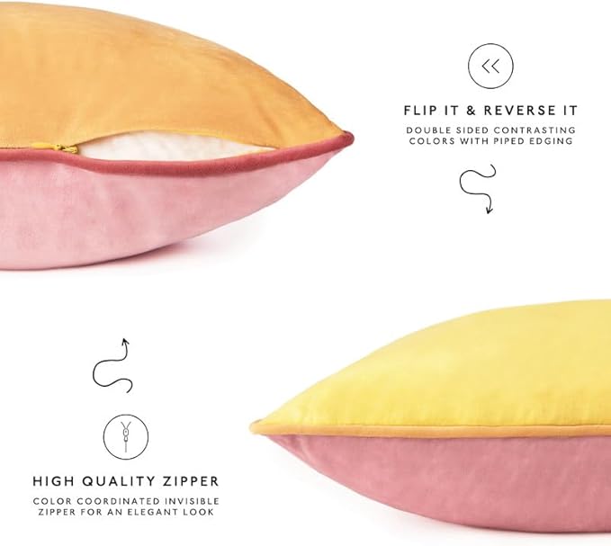 MONDAY MOOSE Decorative Throw Pillow Covers Cushion Cases, Set of 4 Soft Velvet Modern Double-Sided Designs, Mix and Match for Home Decor, Pillow Inserts Not Included (22x22 inch, Yellow/Pink)