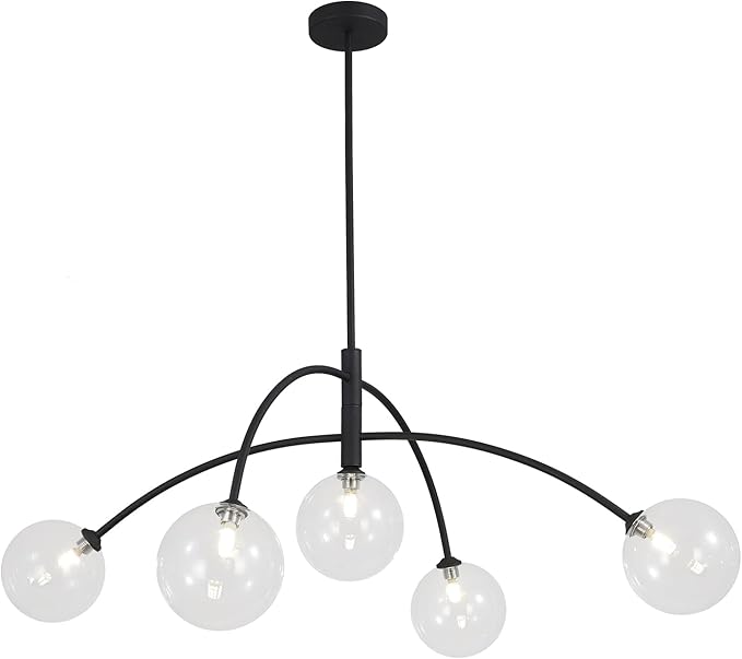 Mid Century Modern Sputnik Chandelier Adjustable 5 Light Pendant Light Fixture Clear Glass Black Ceiling Chandelier for Dining Room Kitchen Bedroom